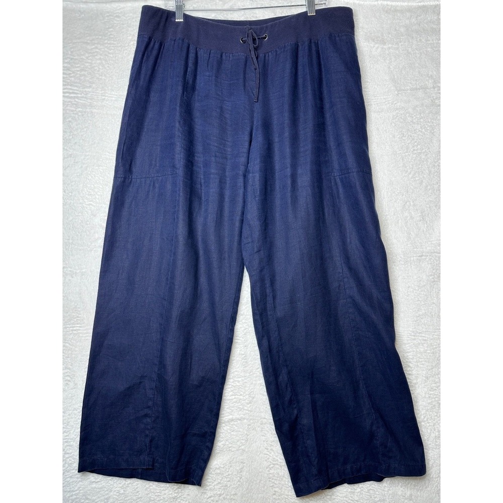 Eileen Fisher Linen Wide Leg Pants Womens L Navy Blue Drawstring Cropped
